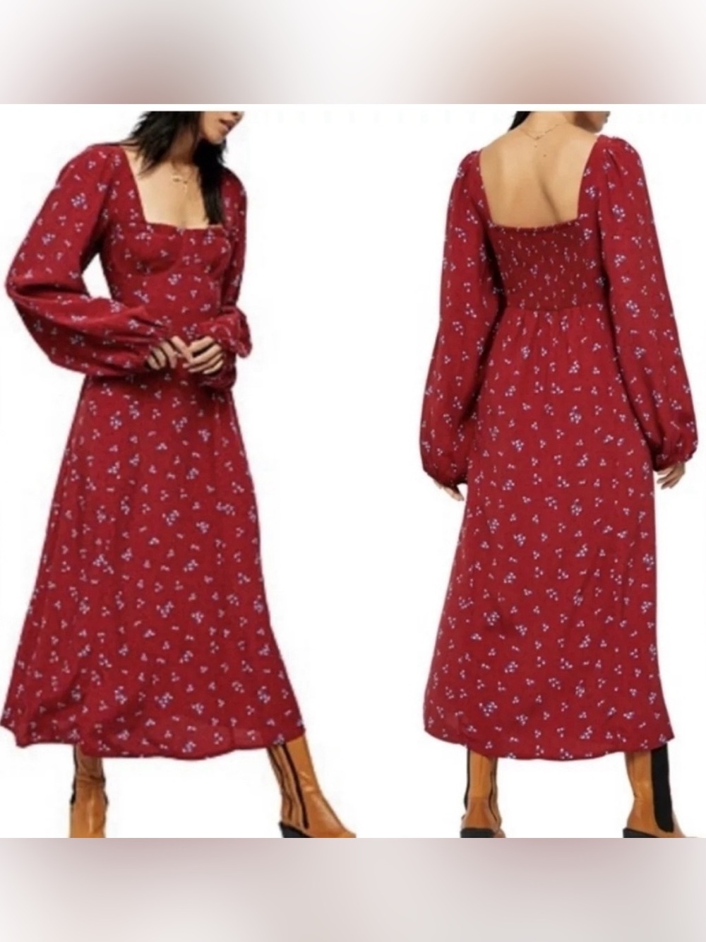Free People Iris Floral Long Sleeve Midi Dress Wine Size S Peasant Prairiecore